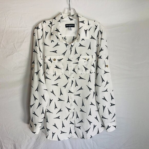 Karl Lagerfeld Women's Size Medium Eiffel Tower Print Button Up Blouse Top - Picture 1 of 5